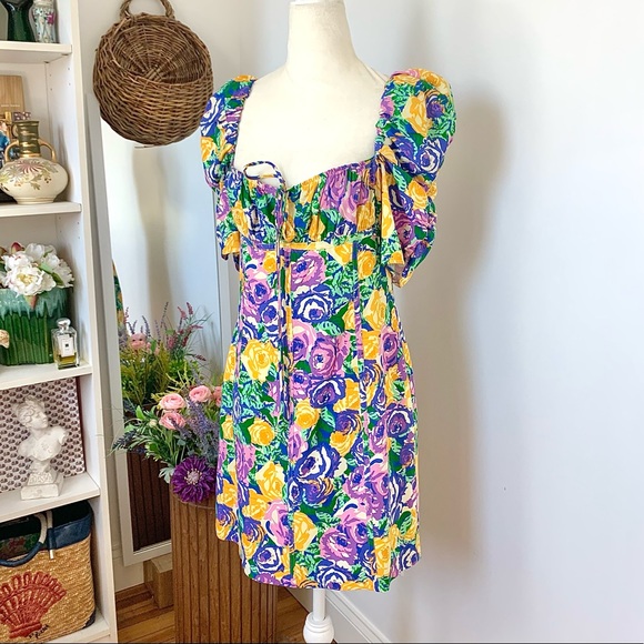 Zara Dresses & Skirts - NEW Zara Floral Puff Sleeve Mini Dress Purple Green Yellow NWT